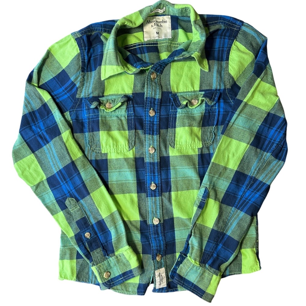 Abercrombie & Fitch Flannel Shirt‎ Mens M Blue Green Plaid Long Sleeve Button Up
